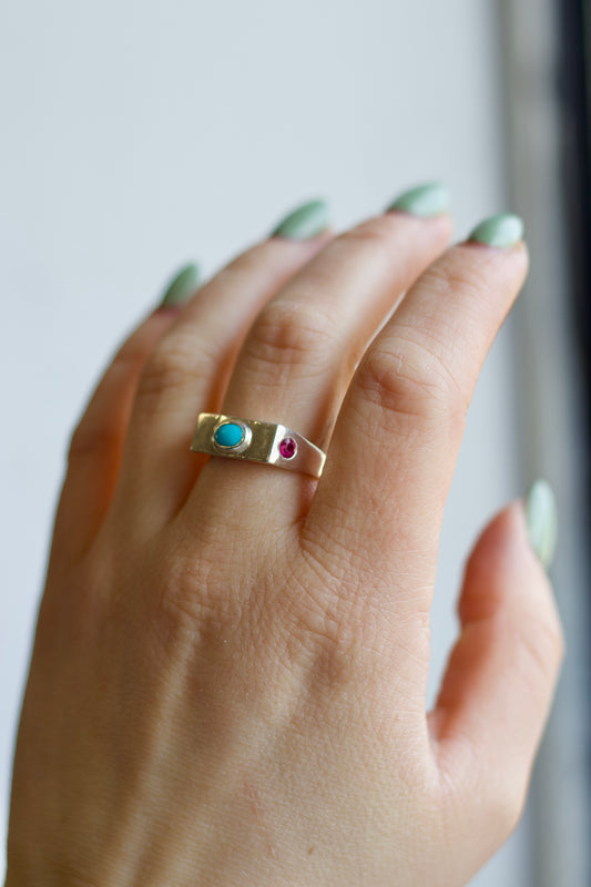 Heirloom Turquoise & Ruby Signet Ring Size 8