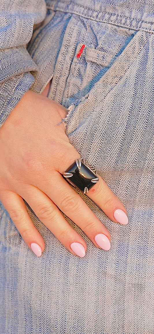 Black Onyx & Opal Ring 𖦹 Size 7.5-8