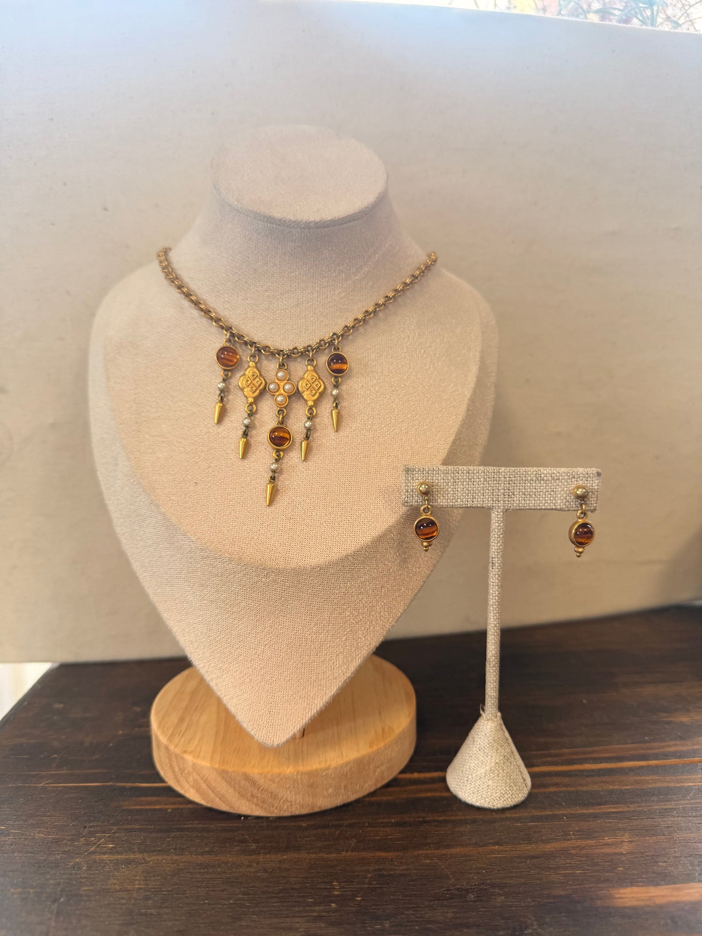 Ben Amun 24K Gold Electroplated Cascading Charm Necklace & Earrings Set – Signed