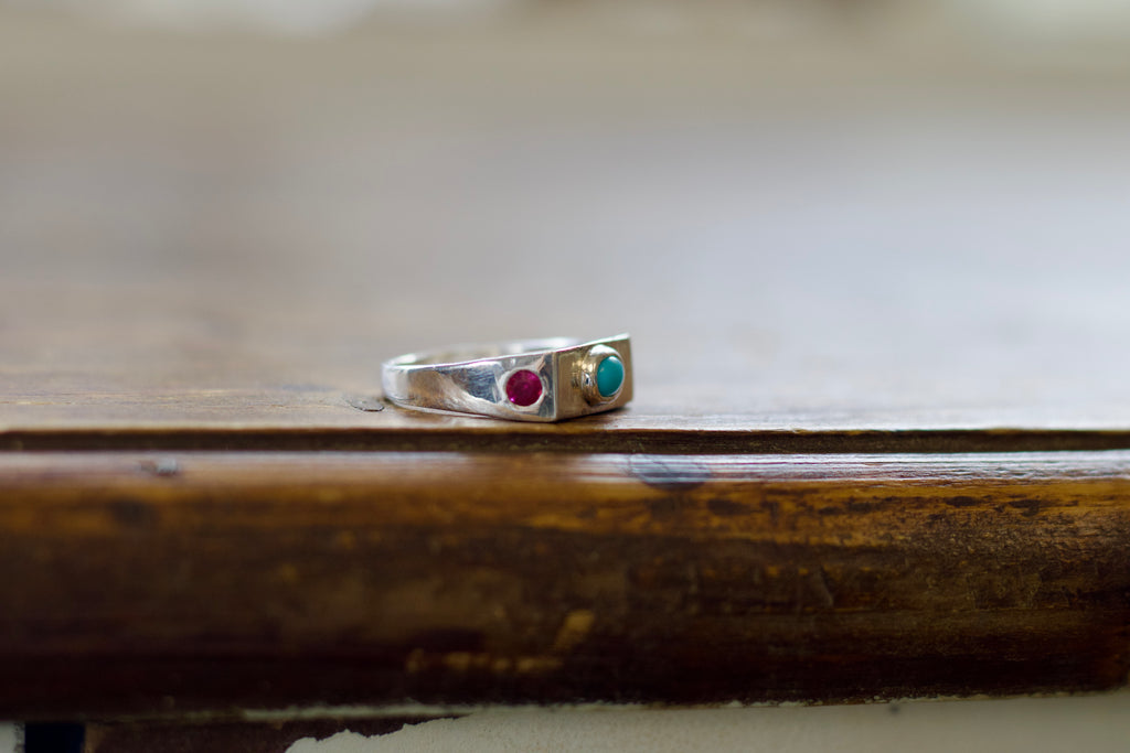 Heirloom Turquoise & Ruby Signet Ring Size 8