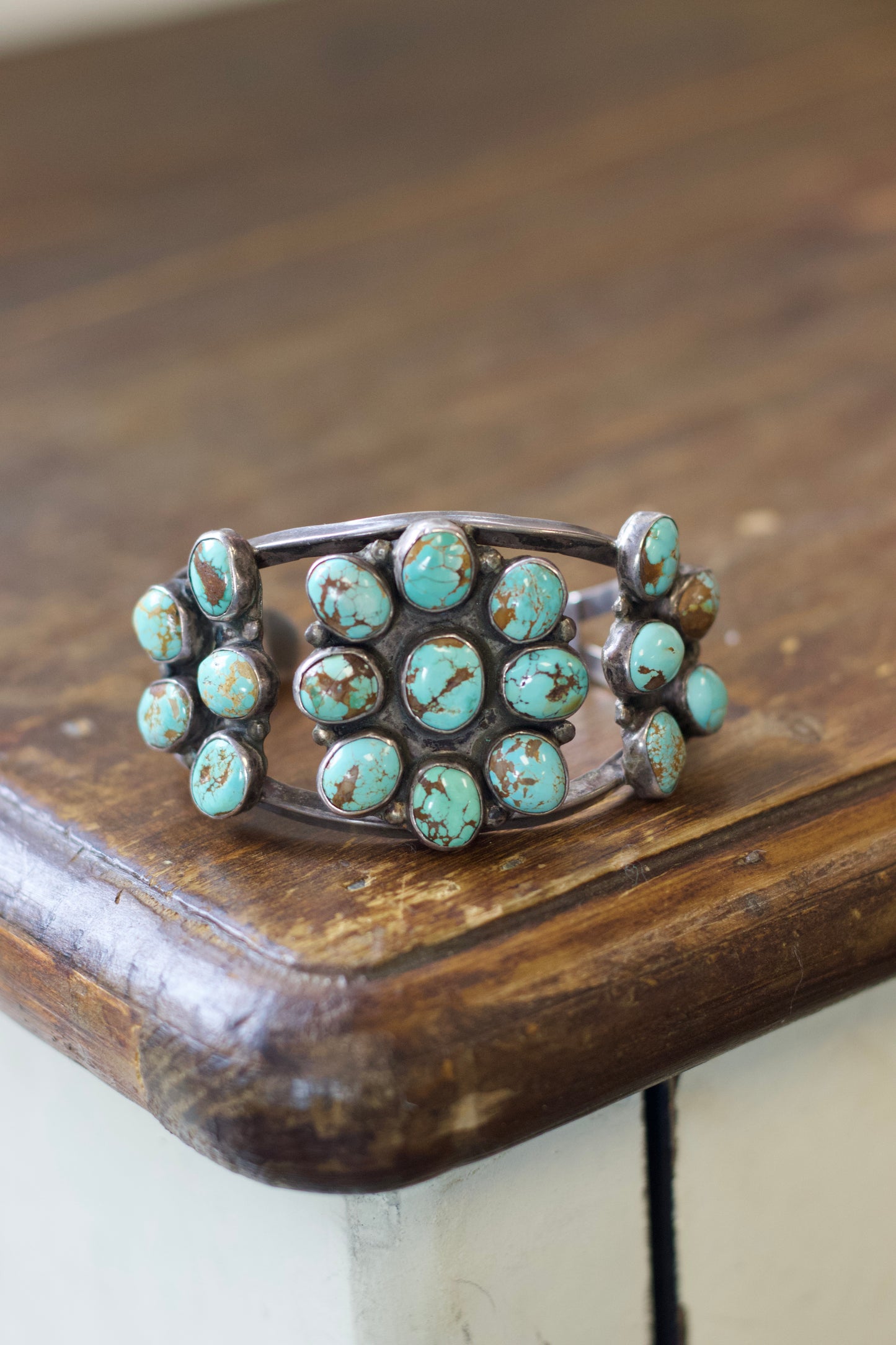Old Pawn Navajo Turquoise Cluster Cuff Bracelet c. 1940s–50s Sterling 45g Flower