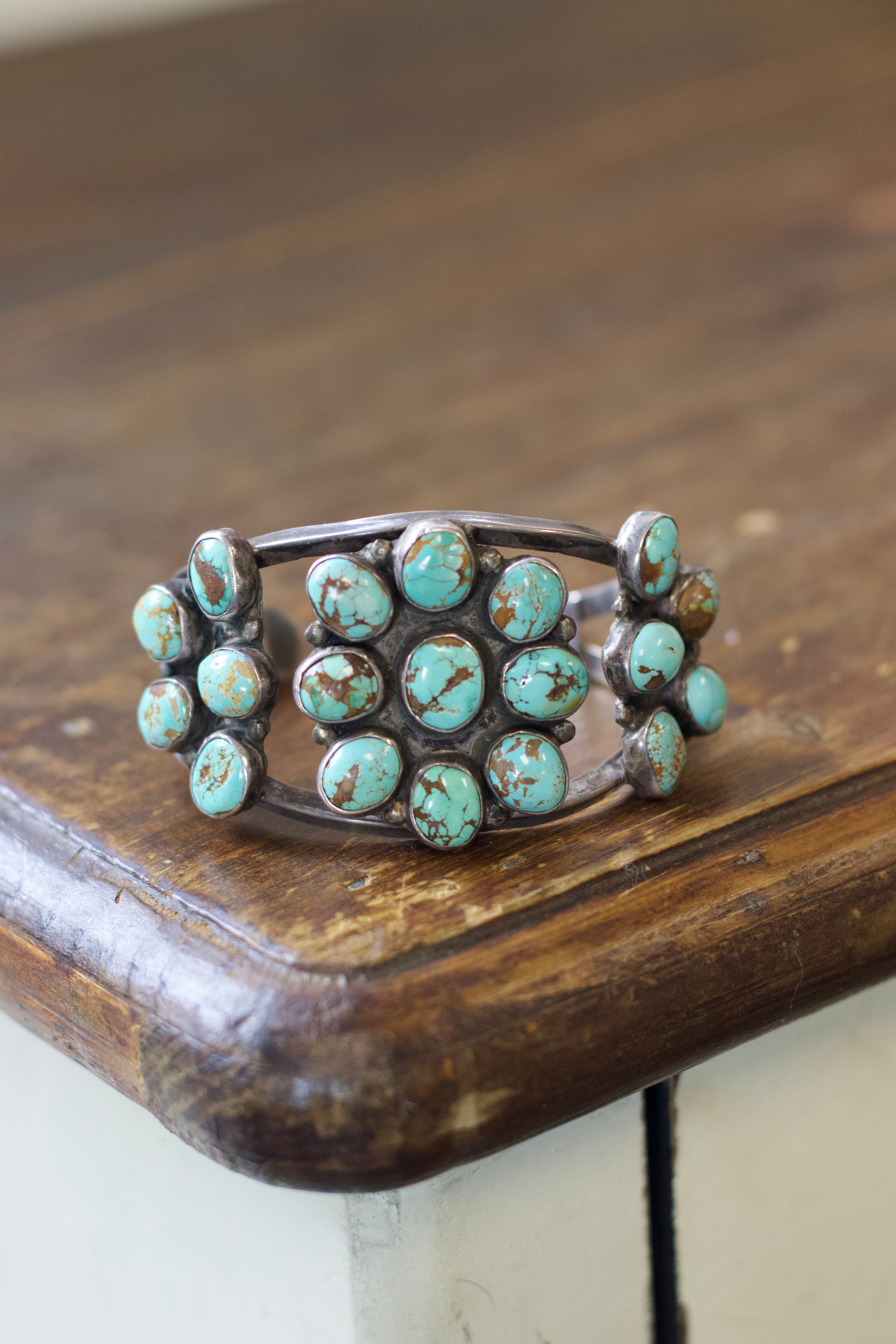 Old Pawn Navajo Turquoise Cluster Cuff Bracelet c. 1940s–50s Sterling 45g Flower
