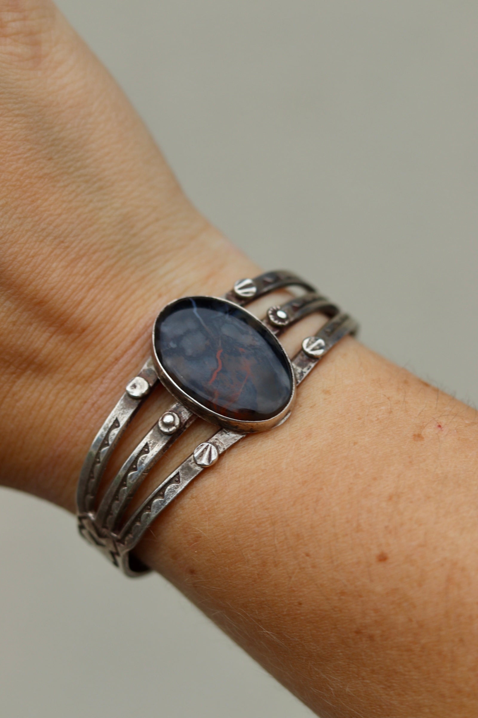 1930s Fred Harvey Era Petrified Wood Sterling Silver Cuff