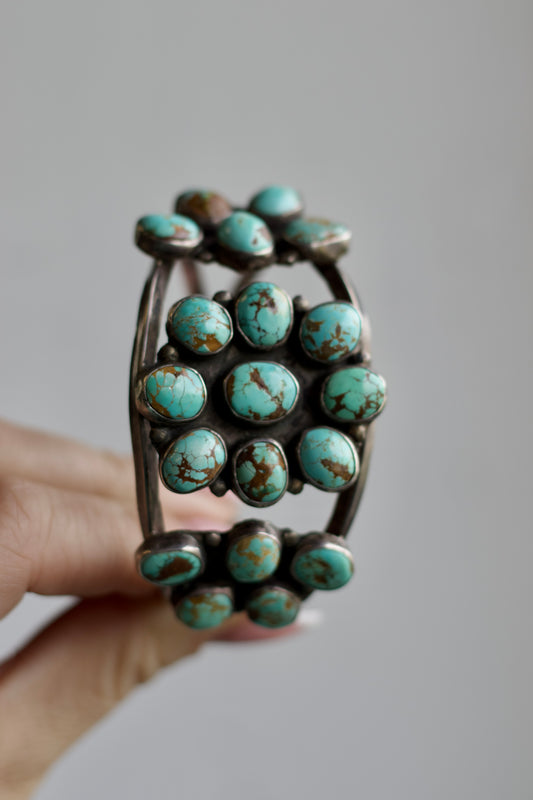 Old Pawn Navajo Turquoise Cluster Cuff Bracelet c. 1940s–50s Sterling 45g Flower