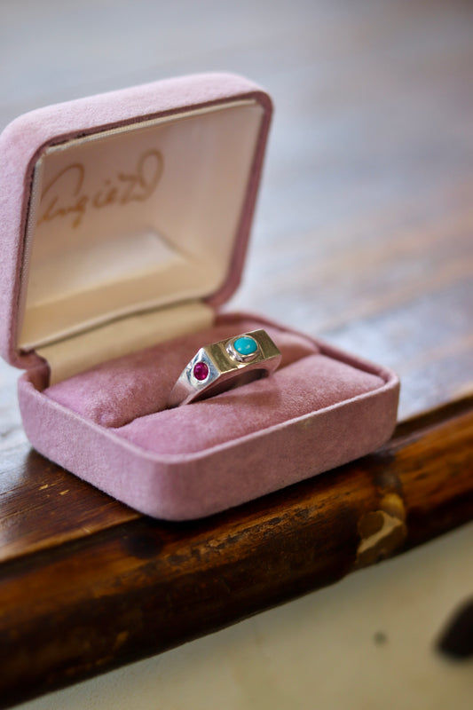 Heirloom Turquoise & Ruby Signet Ring Size 8