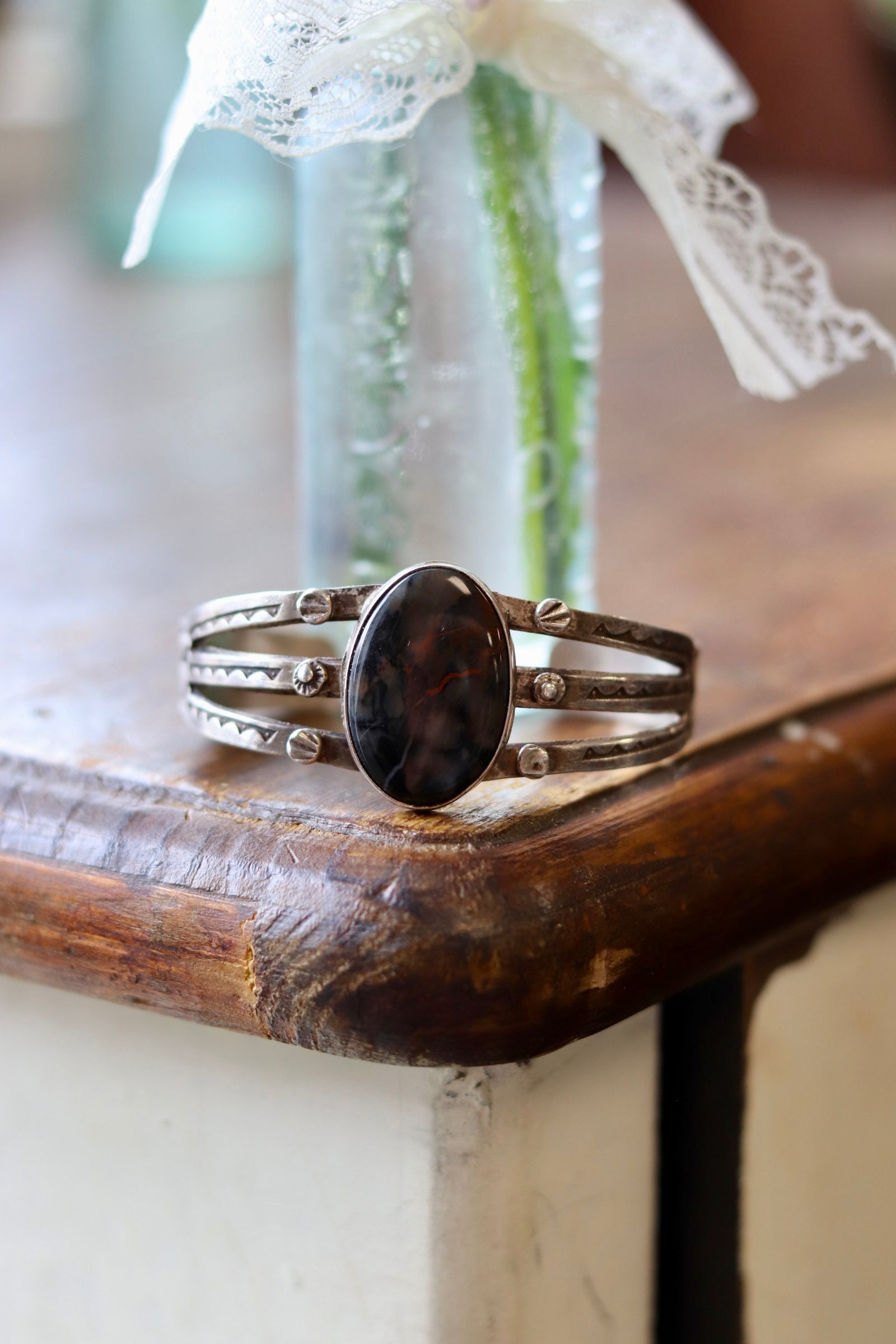 1930s Fred Harvey Era Petrified Wood Sterling Silver Cuff
