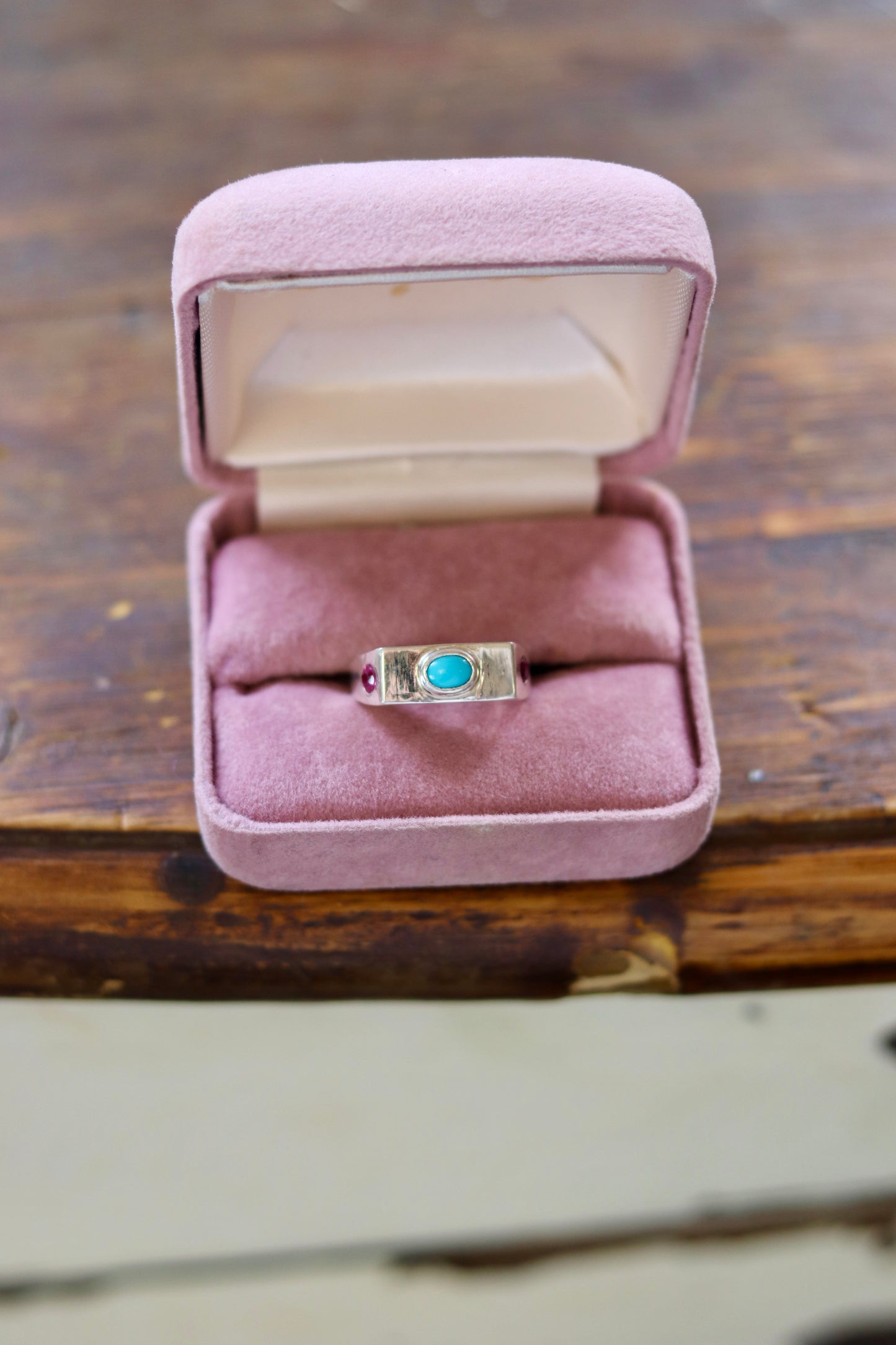 Heirloom Turquoise & Ruby Signet Ring Size 8