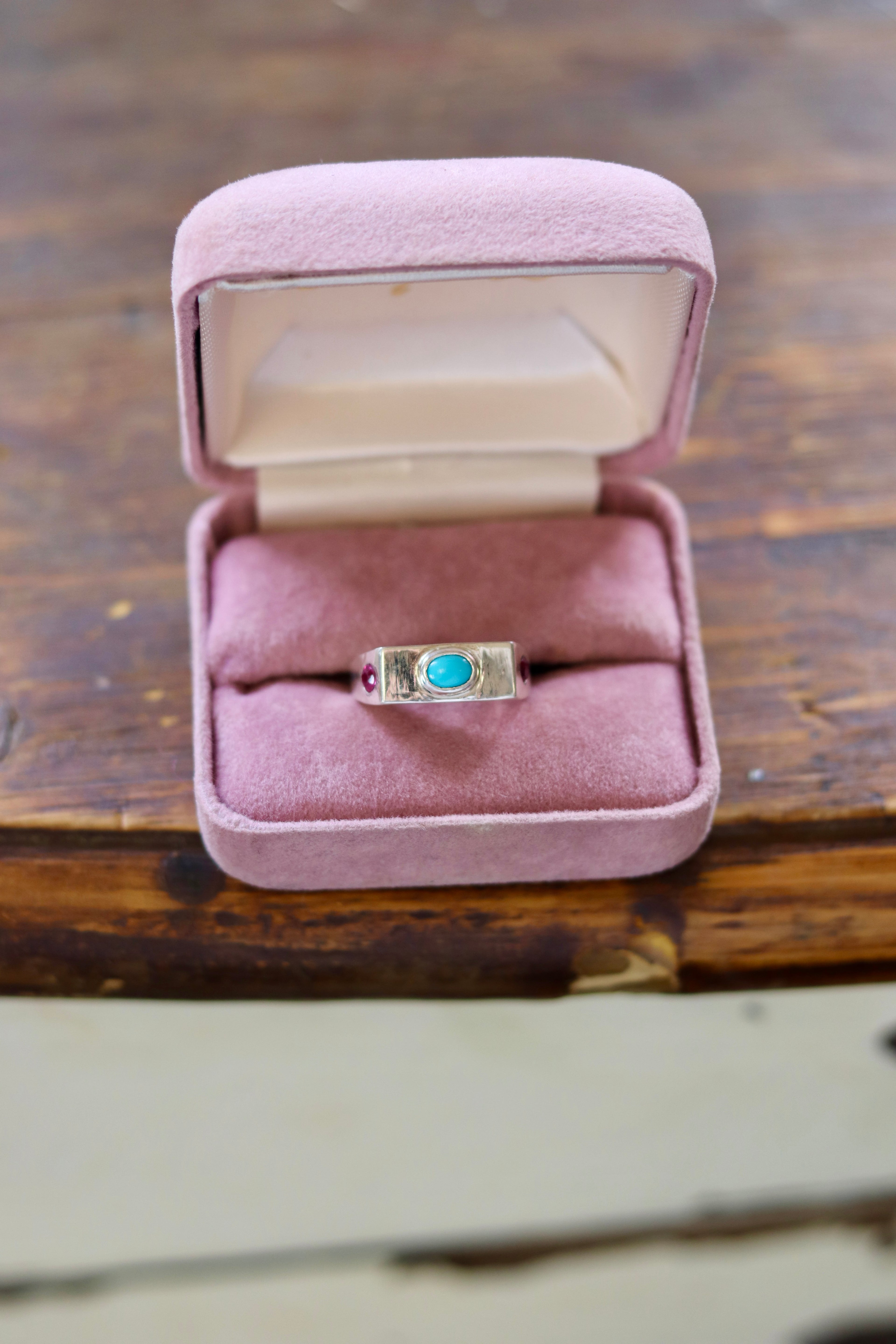 Heirloom Turquoise & Ruby Signet Ring Size 8