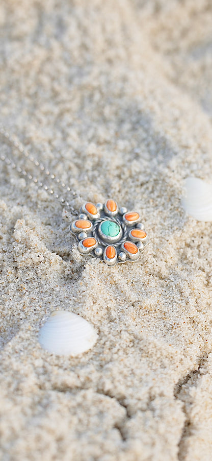 Coral + Turquoise Flower Necklace