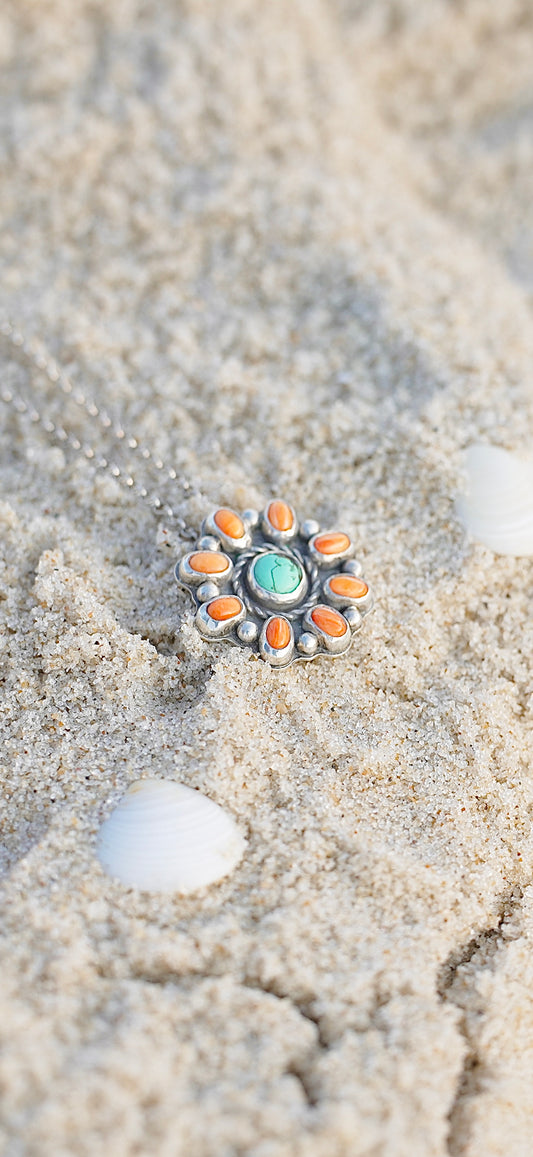 Coral + Turquoise Flower Necklace