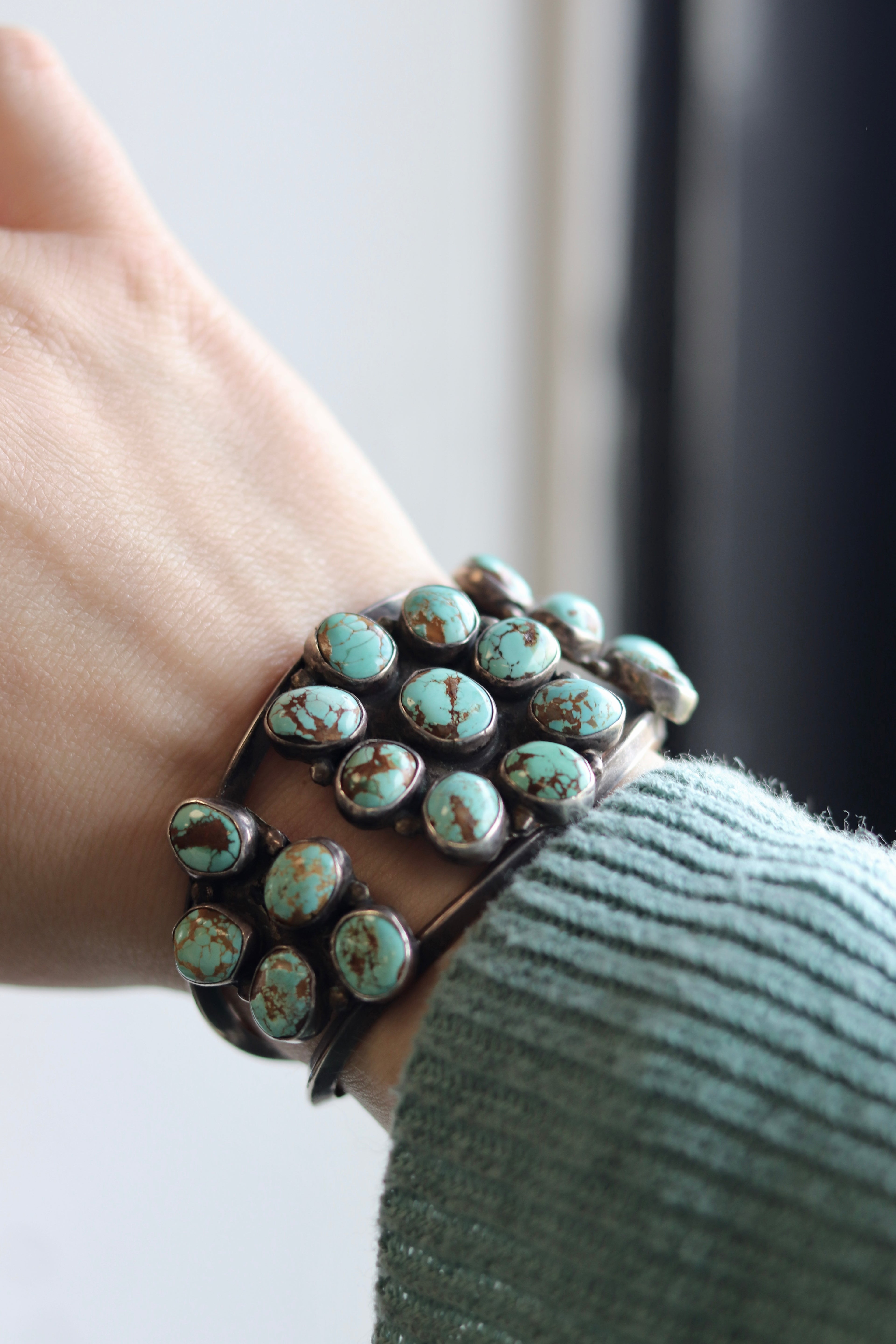 Old Pawn Navajo Turquoise Cluster Cuff Bracelet c. 1940s–50s Sterling 45g Flower