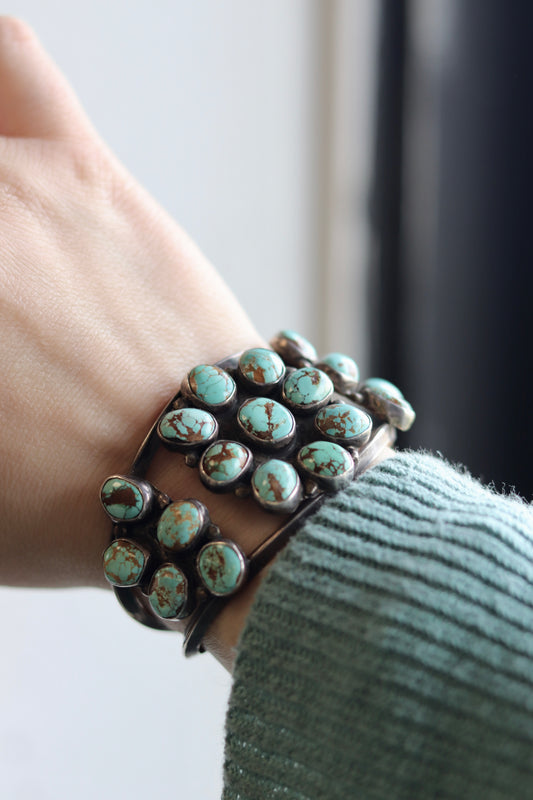 Old Pawn Navajo Turquoise Cluster Cuff Bracelet c. 1940s–50s Sterling 45g Flower
