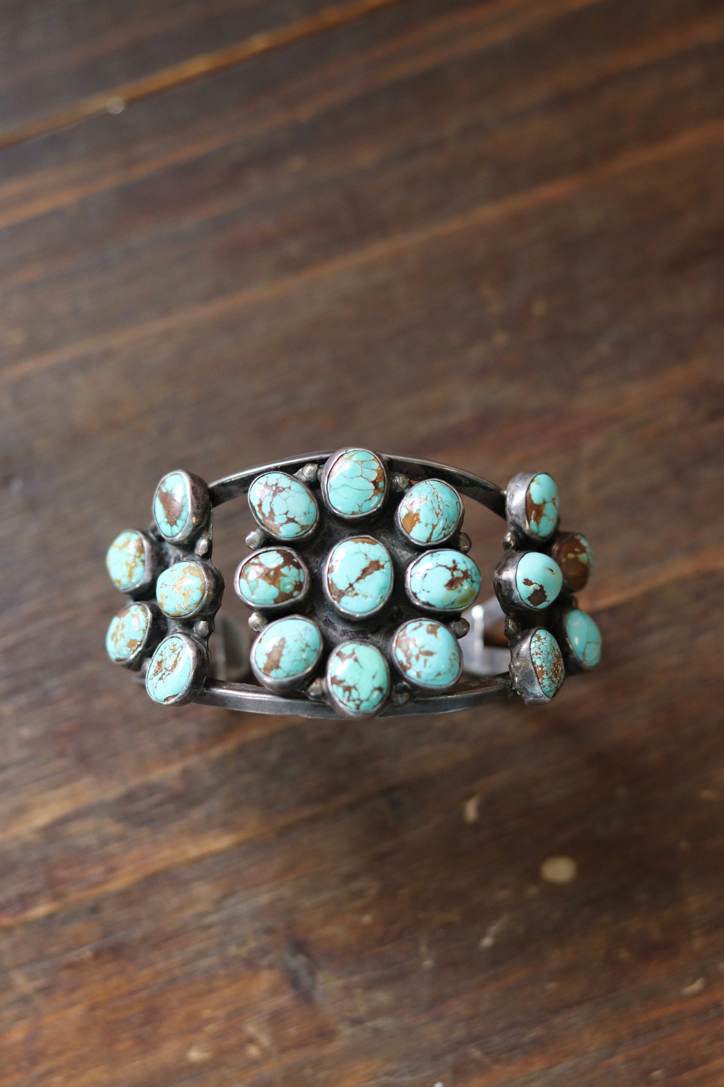 Old Pawn Navajo Turquoise Cluster Cuff Bracelet c. 1940s–50s Sterling 45g Flower
