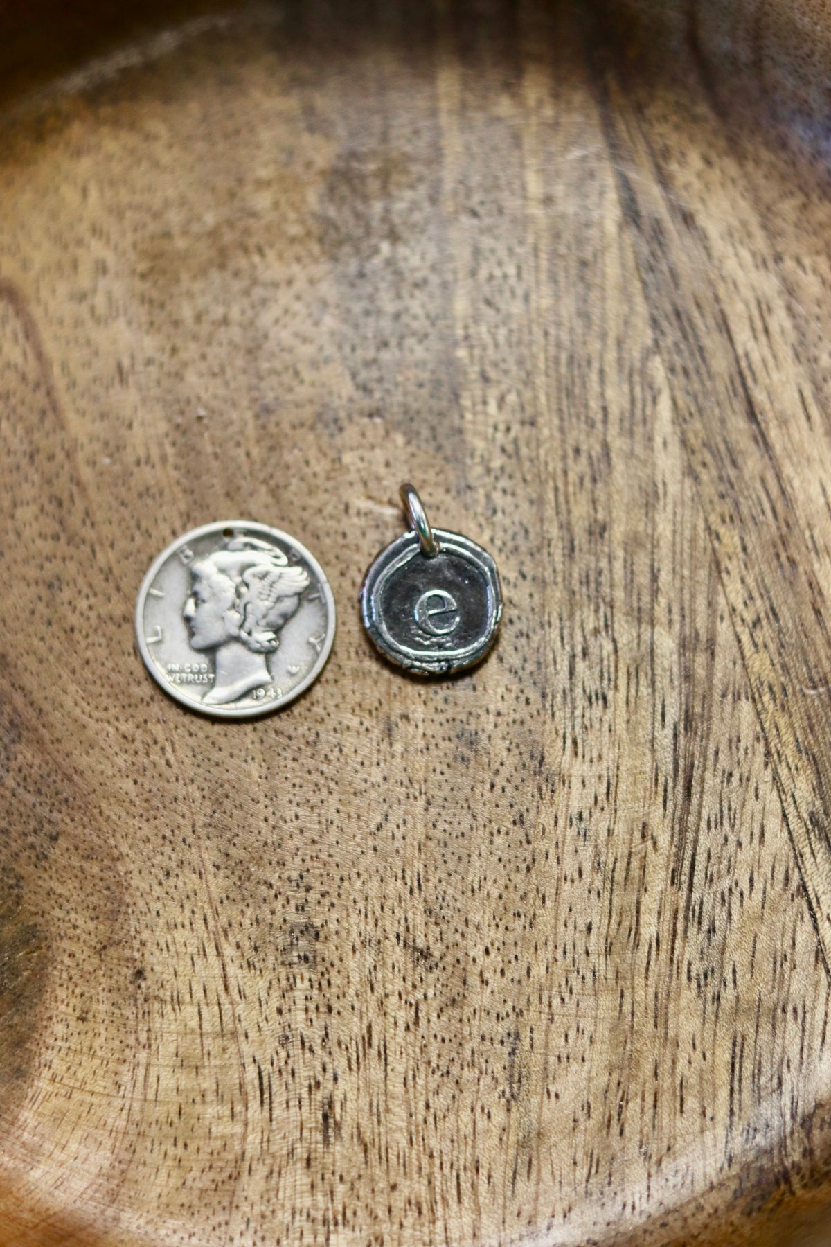"E" Initial Wax Charm Sterling
