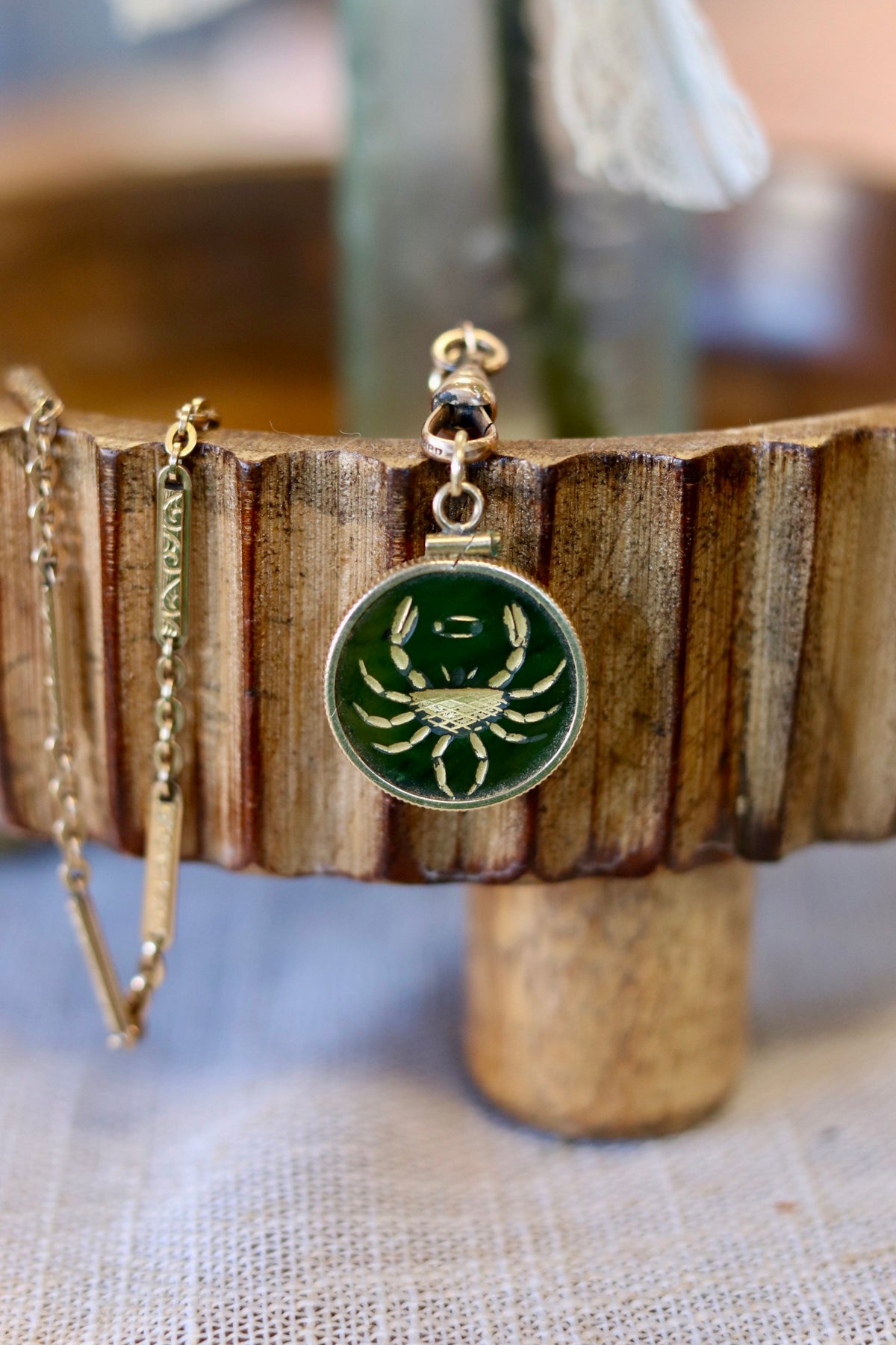 Mid Century Rare Nephrite Jade Cancer Zodiac 14k Gold